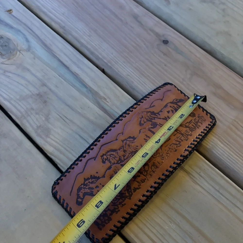 Vintage Leather Wallet Hand Tooled Bi-Fold Handmade Whipstitch Horses Stampede